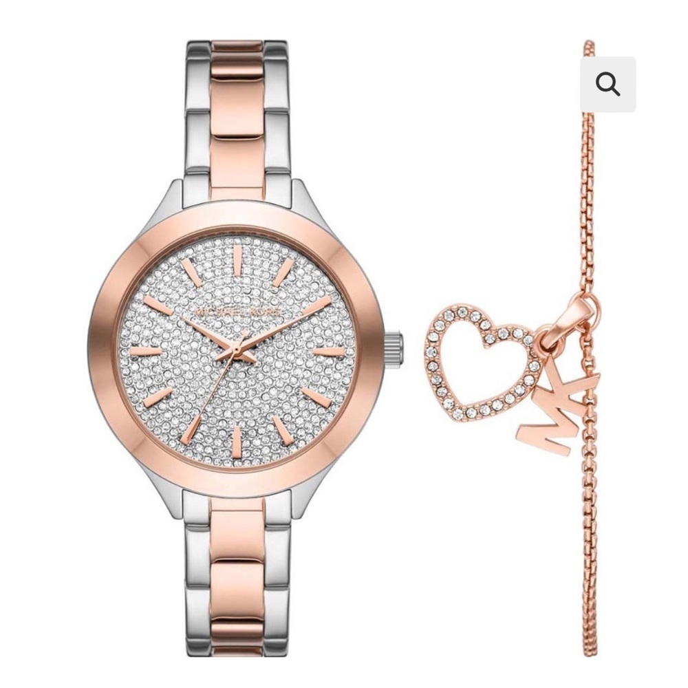 Rose gold and Silver Michael Kors watch and bracelet set.